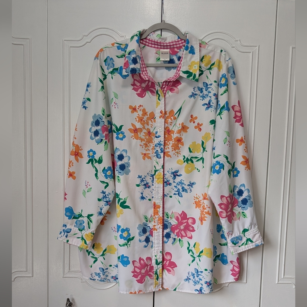 Blair White and Blue Floral Button Up Shirt Lightweight Spring Size 2XL